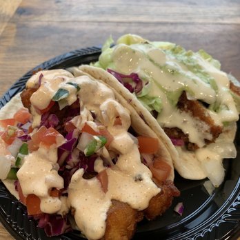 Brick and Flour - Fried fish taco in the front, crispy chicken taco in the back - Mexican Near Me - Glendale, California Brick and Flour - Fried fish taco in the front, crispy chicken taco in the back - Mexican Near Me - Glendale, California