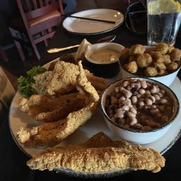 Husbands Catfish Dinner - Sides Fried Okra and Purple Hull peas.