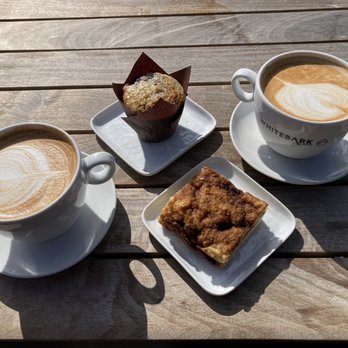 Whitebark Cafe - Pair o' almond milk lattes, vegan blueberry muffin & vegan coffee cake - Cafes Near Me - Banff, Alberta Whitebark Cafe - Pair o' almond milk lattes, vegan blueberry muffin & vegan coffee cake - Cafes Near Me - Banff, Alberta