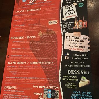 Garbo's Grill - Menu, side 1 - Food Trucks Near Me - Key West, Florida