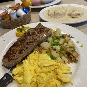 The Palms Cafe - Steak & Eggs, home fries w/ 1/2 side of Biscuits and Gravy - Cafes Near Me - La Quinta, California