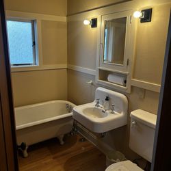 Frank Lloyd Wright's Burnham Block - Restored bathroom with tub from another unit, old sink from basement and period appropriate toilet donated
