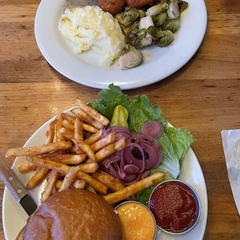 The Observatory - Chicken fried chicken with Brussel sprouts, mashed green potatoes, and gravy. Lamb Burger with fries. - New American Near Me - Portland, Oregon The Observatory - Chicken fried chicken with Brussel sprouts, mashed green potatoes, and gravy. Lamb Burger with fries. - New American Near Me - Portland, Oregon
