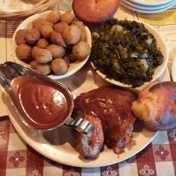 Dick Russell's Bar-B-Q - Bbq chicken, turnip greens, frie okra, cornbread (banana pudding not shown), $7.95 - Barbeque Near Me - Mobile, Alabama Dick Russell's Bar-B-Q - Bbq chicken, turnip greens, frie okra, cornbread (banana pudding not shown), $7.95 - Barbeque Near Me - Mobile, Alabama
