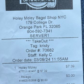 Holey Moley Bagel Bar NYC - Great price for a huge breakfast sandwich imo. - Bagels Near Me - Orange Park, Florida