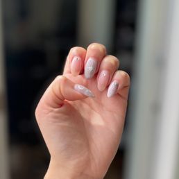 Korean/Japanese nail designs on natural nails ~ cat eye polish, nail decals, chrome french tip, hand drawn shapes, gems, hard gel overlay Korean/Japanese nail designs on natural nails ~ cat eye polish, nail decals, chrome french tip, hand drawn shapes, gems, hard gel overlay