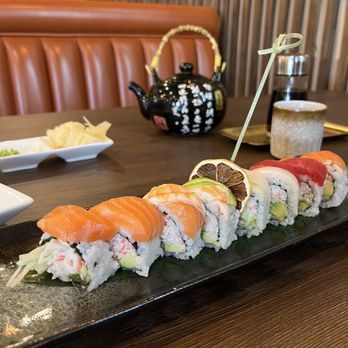 Bengee Sushi - Rainbow Roll and hot water. - Japanese Near Me - Chino, California Bengee Sushi - Rainbow Roll and hot water. - Japanese Near Me - Chino, California