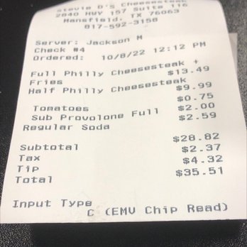 Stevie D’s Cheesesteak - Very disappointing $35 lunch. We will not return. - Cheesesteaks Near Me - Mansfield, Texas Stevie D’s Cheesesteak - Very disappointing $35 lunch. We will not return. - Cheesesteaks Near Me - Mansfield, Texas