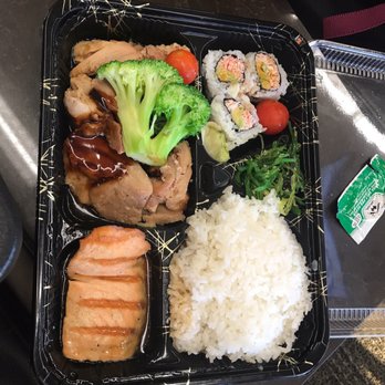 Sankaku - Bento box comes with sushi, seaweed salad, rice, salmon and teriyaki chicken. Delicious and big portion $14 - Japanese Near Me - San Francisco, California Sankaku - Bento box comes with sushi, seaweed salad, rice, salmon and teriyaki chicken. Delicious and big portion $14 - Japanese Near Me - San Francisco, California