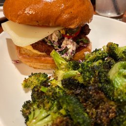 James' Crispy Chicken Sandwich & roasted broccoli James' Crispy Chicken Sandwich & roasted broccoli