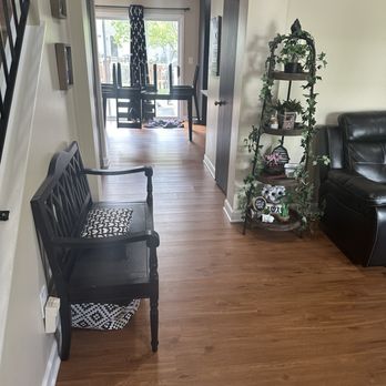 EcoClean - Foyer - The image shows a living room with a black wooden bench, a black leather sofa, and a tall decorative plant shelf with various plants and ornaments. - Damage Restoration Near Me - Bolingbrook, Illinois