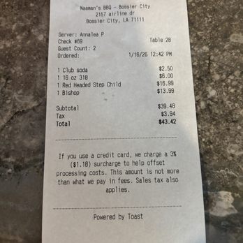 Naaman's Bbq - Our bill - decent prices for the amount of food you recieve - Barbeque Near Me - Bossier City, Louisiana Naaman's Bbq - Our bill - decent prices for the amount of food you recieve - Barbeque Near Me - Bossier City, Louisiana