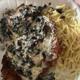 Cheese Wheel Special with chicken parmigiana and mushrooms Cheese Wheel Special with chicken parmigiana and mushrooms
