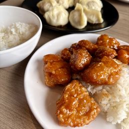 Chicken and mushroom dumplings General Tso Chicken and side of rice. Chicken and mushroom dumplings General Tso Chicken and side of rice.