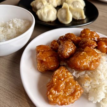 Steam & Soul - Chicken and mushroom dumplings General Tso Chicken and side of rice. - Chinese Near Me - Eugene, Oregon