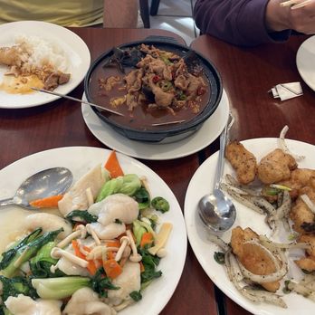 China Palace - Szechuan boiled beef in clay pot (top), sautéed fish filet with green vegetables (left), salt & pepper fish filet (right) - Chinese Near Me - Milpitas, California China Palace - Szechuan boiled beef in clay pot (top), sautéed fish filet with green vegetables (left), salt & pepper fish filet (right) - Chinese Near Me - Milpitas, California
