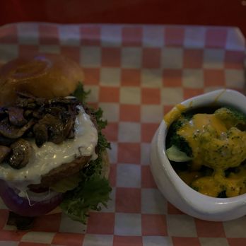 Riveters Tampa - Veggie Burger with mushrooms and Broccoli and Beer Cheesebroccoli - New American Near Me - Tampa, Florida Riveters Tampa - Veggie Burger with mushrooms and Broccoli and Beer Cheesebroccoli - New American Near Me - Tampa, Florida