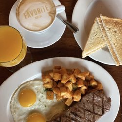 Favorite Bistro - Steak & Eggs breakfast on the Las Vegas Strip with NY steak, eggs, breakfast potatoes and toast at Favorite Bistro.