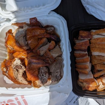 HK BBQ House - Half roast duck (other half under it on another container) & roasted crispy pork - Cantonese Near Me - Riverside, California