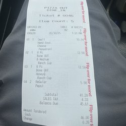 Pizza Hut - Receipt. 46 dollars for a small hand-tossed pizza, two orders of eight-piece boneless wings, and two drinks!