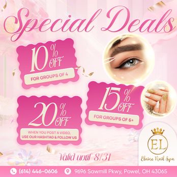 Elaine Nail Spa - SPECIAL DEALS YOU'LL LOVE AT ELAINE NAIL SPA!
Looking to pamper yourself and your crew? We've got something exciting just for you! - Nail Salons Near Me - Powell, Ohio Elaine Nail Spa - SPECIAL DEALS YOU'LL LOVE AT ELAINE NAIL SPA!
Looking to pamper yourself and your crew? We've got something exciting just for you! - Nail Salons Near Me - Powell, Ohio