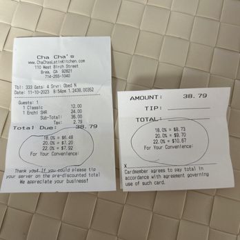Cha Cha's Latin Kitchen - Cheated Receipt - Bars Near Me - Brea, California