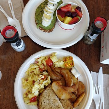 Boudin - Pesto avocado toast and scrambled eggs and potato wedges and toast. - Bakeries Near Me - San Francisco, California Boudin - Pesto avocado toast and scrambled eggs and potato wedges and toast. - Bakeries Near Me - San Francisco, California