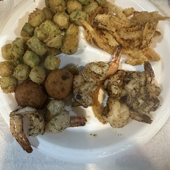 Scooter's Fish House - Colossal grilled shrimp plate with okra and fried onions - Seafood Near Me - Navarre, Florida