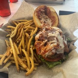 Burger with jalapeno and grilled onions