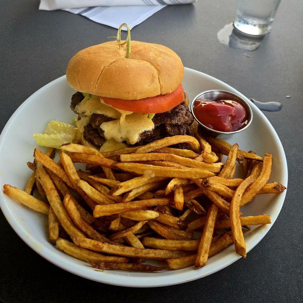 Lavender Rooftop Kitchen & Bar - Double smash burger with house cut fries. - Wine Bars Near Me - Savannah, Georgia