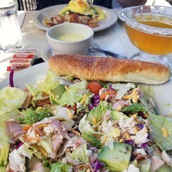 Bill's Cafe - Cobb Salad and Greek Lemon Soup up front with a My Size Portobello Benedict in the back - American Near Me - San Jose, California Bill's Cafe - Cobb Salad and Greek Lemon Soup up front with a My Size Portobello Benedict in the back - American Near Me - San Jose, California