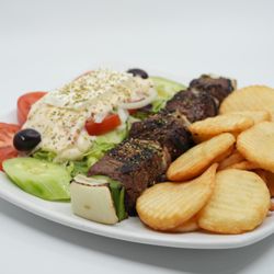 Marathon Souvlaki - Premium filet mignon with onions & bell peppers, grilled for an authentic Greek flavor