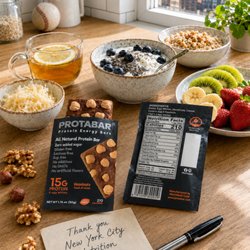 New York City Nutrition - A bright breakfast spread recommended by New York City Nutrition with fresh fruit, yogurt, tea, and PROTABAR protein bars.