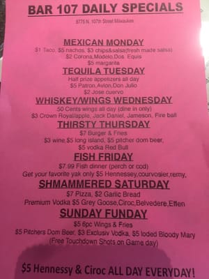 Menu photo 2 Bar 107 Milwaukee, WI