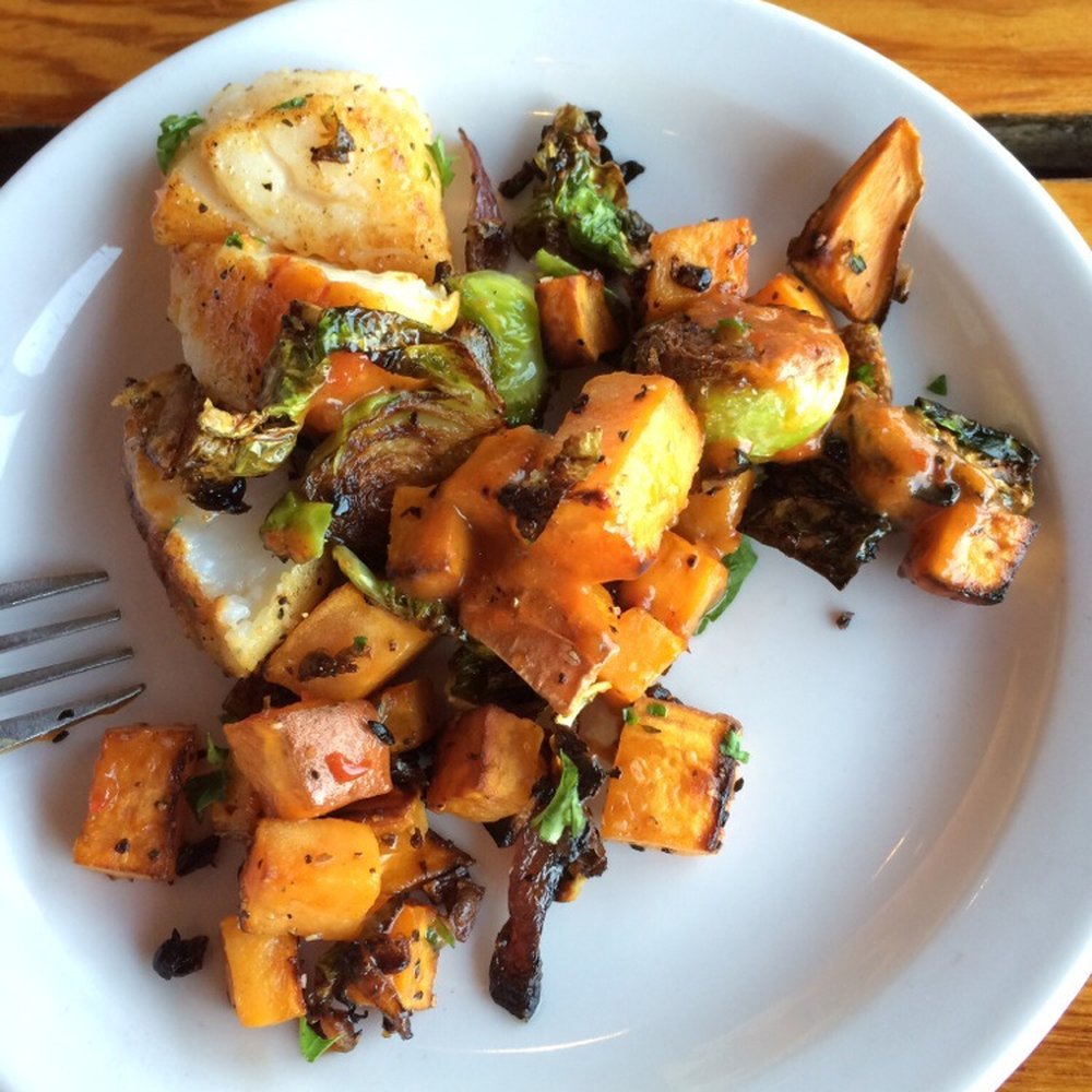 Ports Cafe - Scallops with roasted sweet potato and brussel sprouts in an orange glaze. - New American Near Me - Geneva, New York Ports Cafe - Scallops with roasted sweet potato and brussel sprouts in an orange glaze. - New American Near Me - Geneva, New York