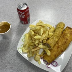 Atlantic Fish Bar - Fried sausage, chips and a cod fillet with AMAZING CURRY SAUCE!