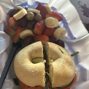 Big Blue Bagel & Deli - The California - cream cheese, cucumbers, tomato, spinach with fresh fruit - Sandwiches Near Me - Auburn, Alabama Big Blue Bagel & Deli - The California - cream cheese, cucumbers, tomato, spinach with fresh fruit - Sandwiches Near Me - Auburn, Alabama