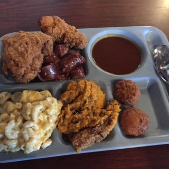 The Slow Bone - Fried chicken, sausage, BBQ sauce, hush puppies, sweet potatoes, and mac & cheese. It was all amazing! - Barbeque Near Me - Dallas, Texas