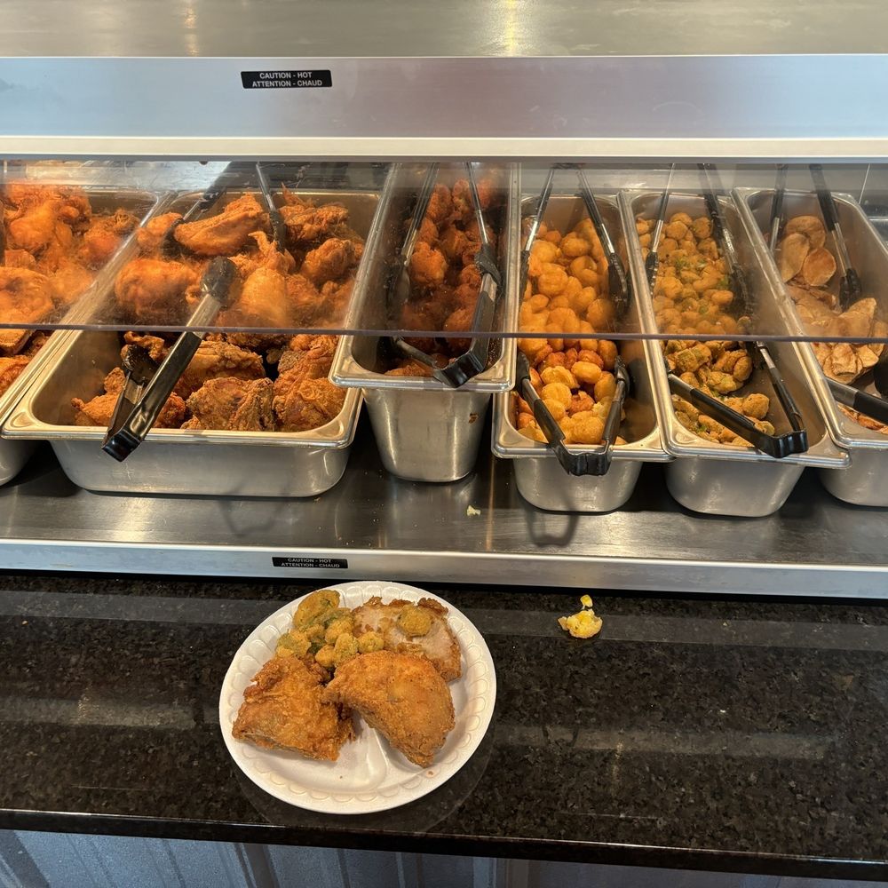 Pick your fried delights. Chicken, hush puppies,corn fritters,okra, home made potato chips. Pick your fried delights. Chicken, hush puppies,corn fritters,okra, home made potato chips.