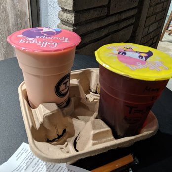 Tpumps - L-R: Almond Roca Raspberry Vanilla With Black Tea & Popping Boba ($3.50 + $0.75). Mango Strawberry Black Tea ($3.50). - Bubble Tea Near Me - Monrovia, California
