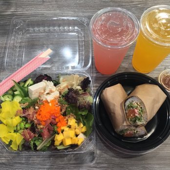 AhiPoki - 5/31/2018: salad with tuna luau, tofu, and toppings; ahiritto with salmon and shrimp; guava and tropical juice - Poke Near Me - Sacramento, California