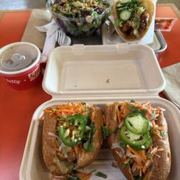 Pork belly bahn mi  Salad Pancake taco