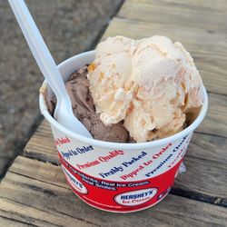 Scoops Olde Fashion Ice Cream Parlor - I got three different types of ice cream midnight Carmel river, Chocolate moose tracks and peach!