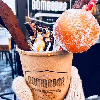 BomboBar - S'mores Hotter Chocolate ($9): hot cocoa topped with marshmallow cream, biscotti, caramel, tons of chocolate, & donut - Desserts Near Me - Chicago, Illinois