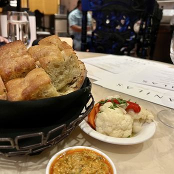Anila’s Cucina Rustica - Fresh bread with pickled veggies and a spread made of pine nuts, sun dried tomatoes and parsley.  Quite tasty!! - Italian Near Me - Pala, California