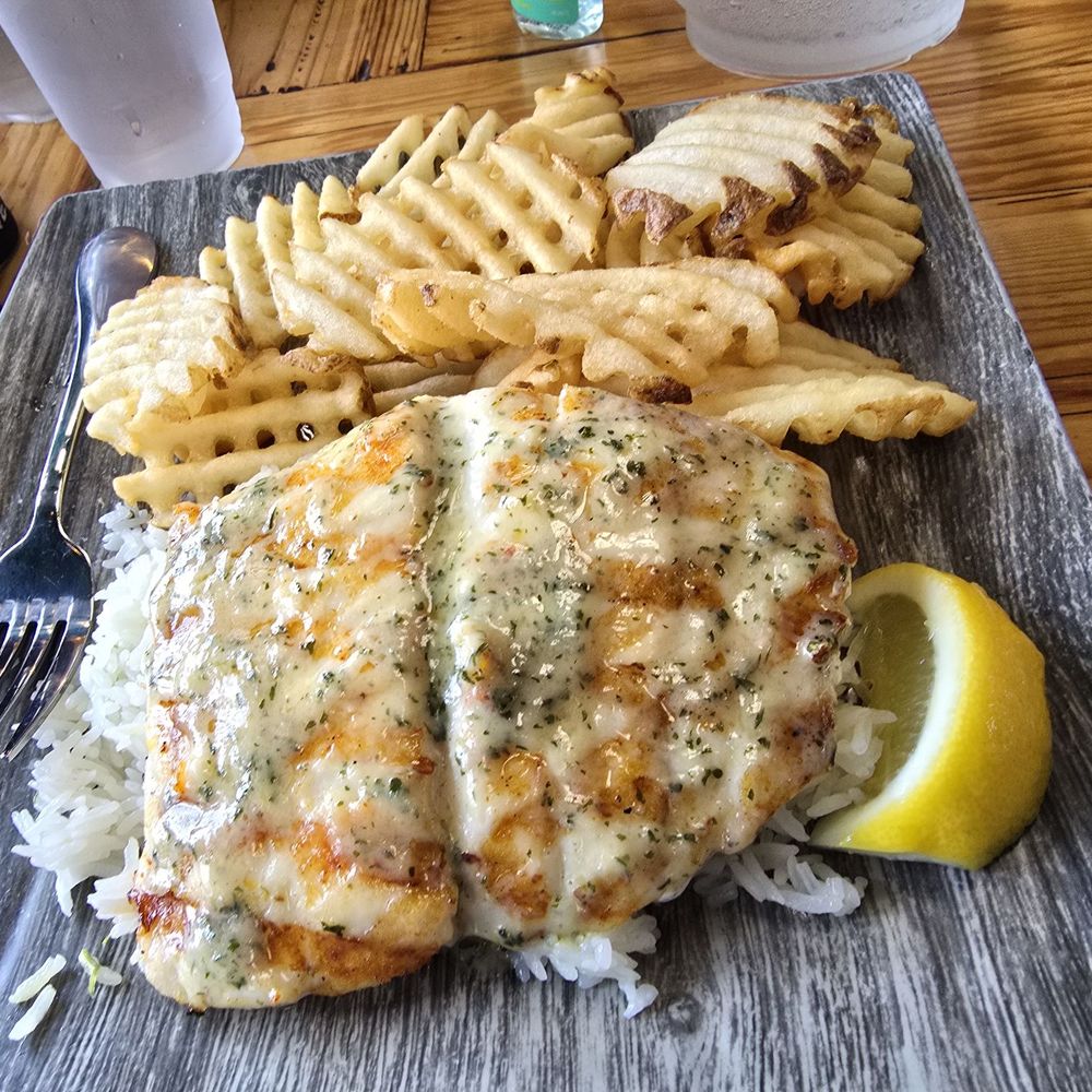 Blue Water - Halibut plate with lemon garlic butter and sub fries instead of salad - Seafood Near Me - San Diego, California Blue Water - Halibut plate with lemon garlic butter and sub fries instead of salad - Seafood Near Me - San Diego, California