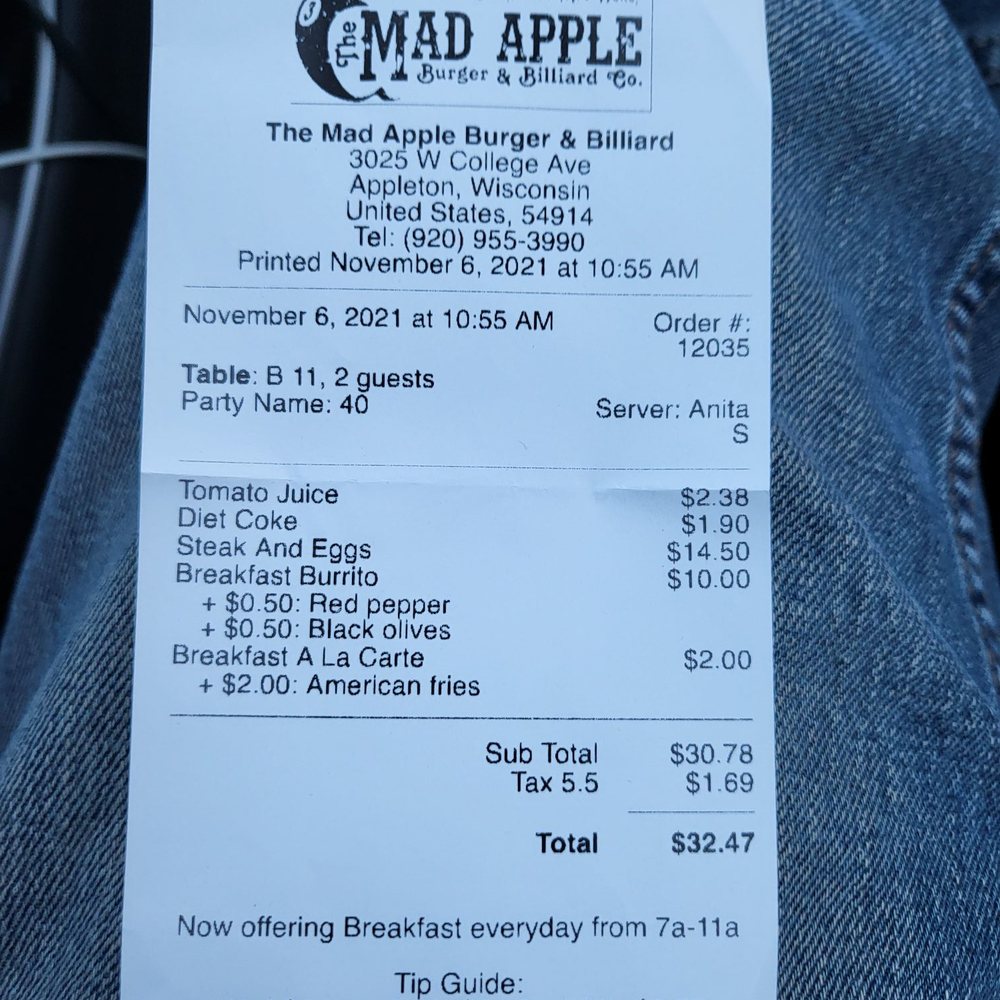 The Mad Apple Burger & Billiard - the receipt - Burgers Near Me - Appleton, Wisconsin The Mad Apple Burger & Billiard - the receipt - Burgers Near Me - Appleton, Wisconsin