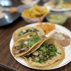 Taco Shop - 3 Taco Dinner with Rice & Beans Carne Asade, Carnitos, Al Pastor