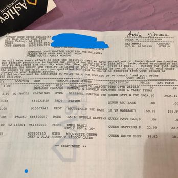 Ashley Store - Dated sales receipt from Ashley Home Store for adjustable bed and 10-year warranty which is not being honored - Furniture Stores Near Me - Green Valley, Arizona