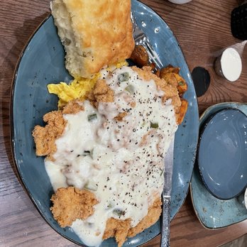 Reba's Place - Chicken fried chicken with gravy, eggs, potatoes, and a biscuit - American Near Me - Atoka, Oklahoma Reba's Place - Chicken fried chicken with gravy, eggs, potatoes, and a biscuit - American Near Me - Atoka, Oklahoma